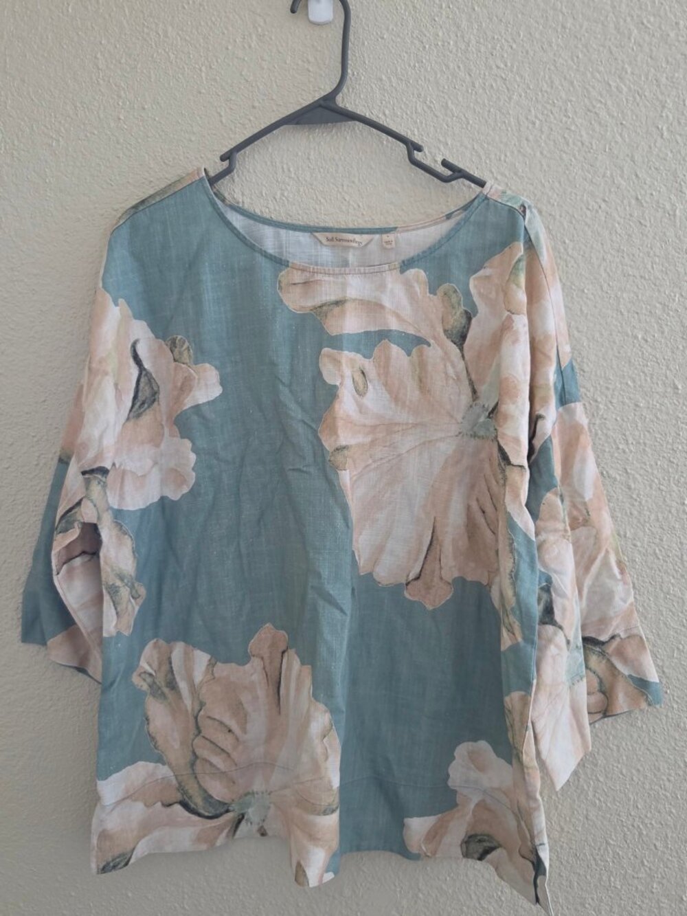 Soft Surroundings Womens Floral Blouse L Green Tan Beige Scoop Neck 3/4 Sleeve